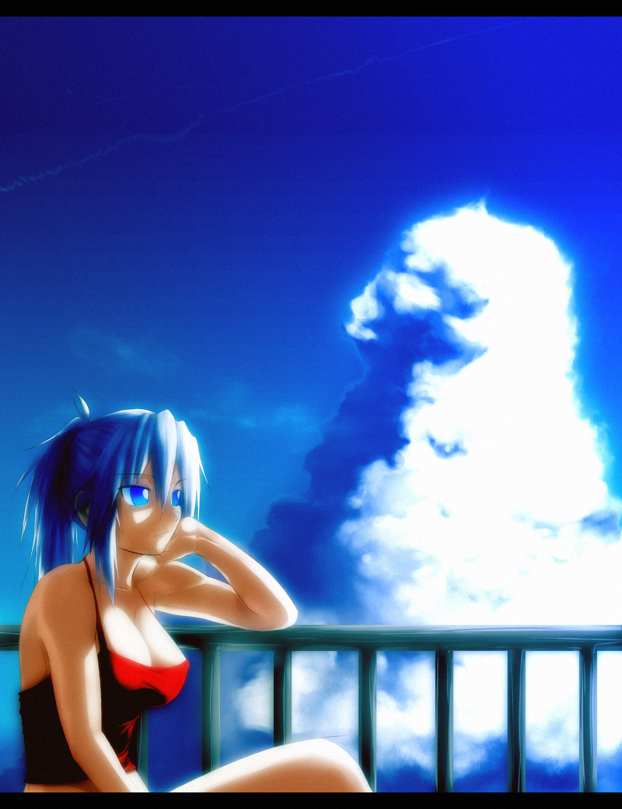 onibi (foxhound4185), original, light, commentary, highres, 1girl, bare shoulders, blue eyes, breasts, cleavage, cloud, collarbone, day, female focus, head rest, large breasts, letterboxed, midriff, ponytail, shirt, sitting, sky, solo, tank top, taut clothes, taut shirt, white hair