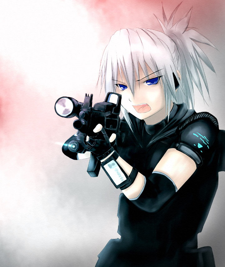 onibi (foxhound4185), kiryuu sayane, original, commentary, translation request, 1girl, blue eyes, female focus, gun, rifle, solo, weapon, white hair