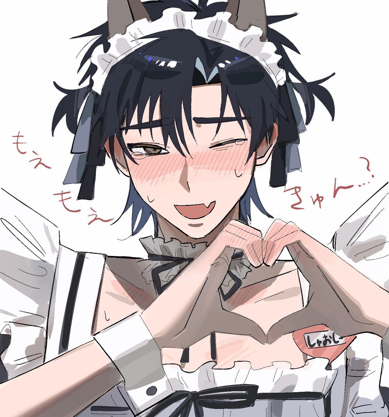 samong, cheng xiaoshi, shiguang dailiren, commentary request, highres, 1boy, alternate costume, alternate hairstyle, animal ears, apron, black hair, black ribbon, blush, brown eyes, cat ears, choker, collarbone, crossdressing, crossdressing (mtf), dog boy, dog ears, dress, embarrassed, enmaided, fang, frilled apron, frilled choker, frills, full-face blush, hair ribbon, heart, heart hands, kemonomimi mode, looking at viewer, maid, maid apron, maid headdress, male focus, name tag, neck ribbon, one eye closed, open mouth, puffy short sleeves, puffy sleeves, ribbon, short hair, short sleeves, short twintails, simple background, skin fang, smile, solo, sweat, tearing up, tears, twintails, upper body, white background, wrist cuffs