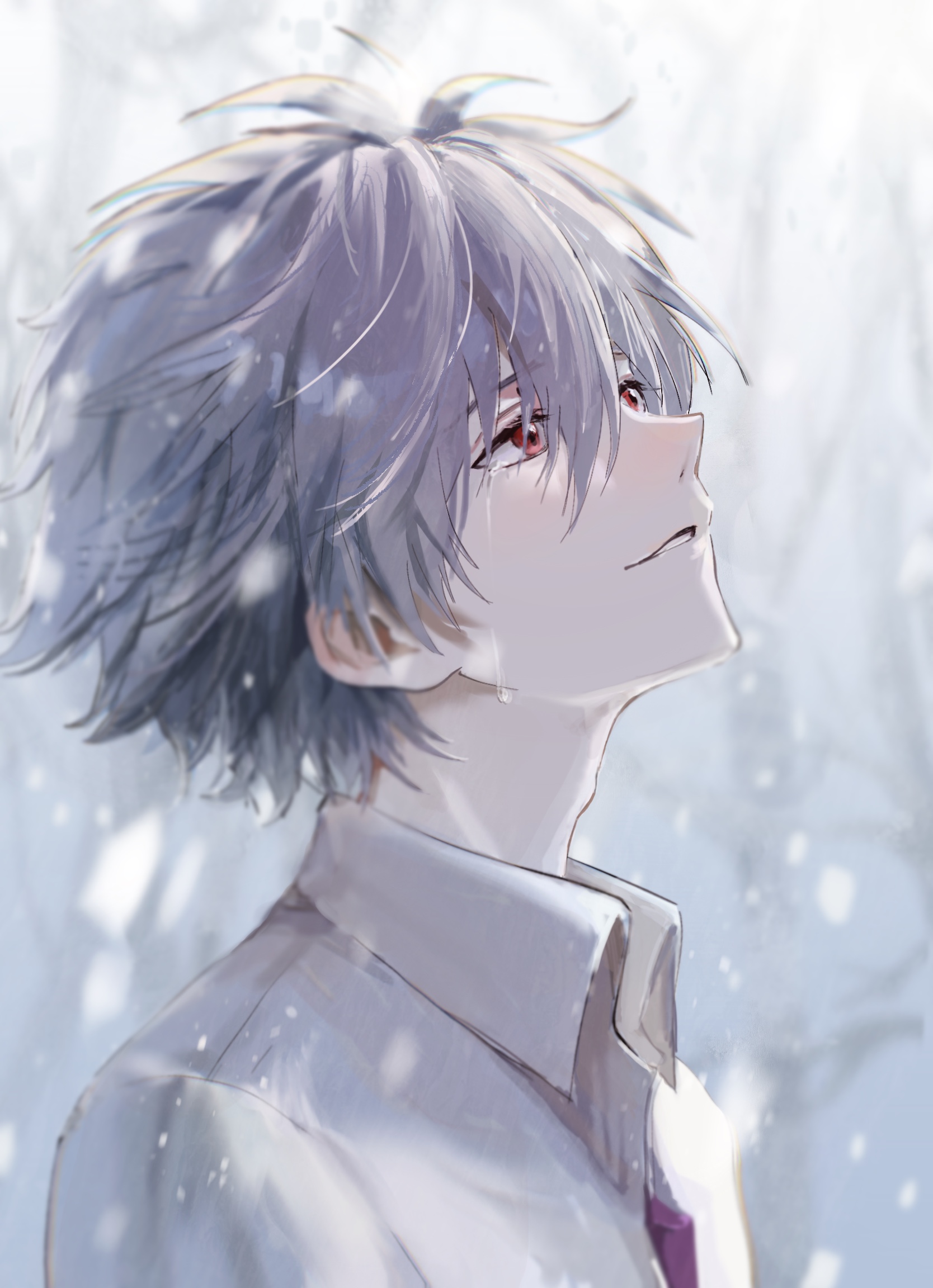 nagisa kaworu, neon genesis evangelion, commentary, highres, symbol-only commentary, 1boy, adam's apple, collared shirt, from side, grey hair, hair between eyes, looking up, male focus, parted lips, purple shirt, red eyes, shirt, short hair, solo, soraaaa53, tears, teeth, white shirt
