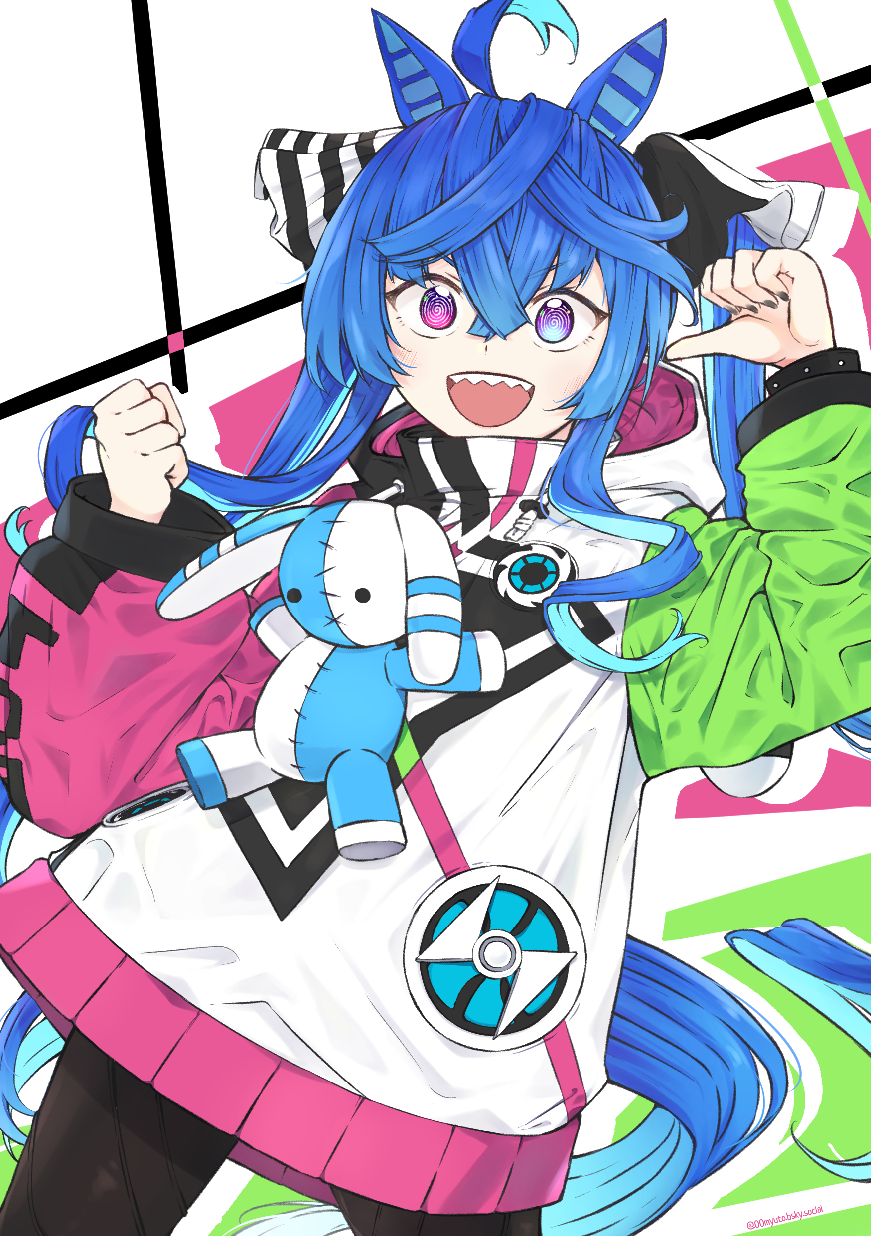 myuto (advent retribution), twin turbo (blast mode! turbo engine) (umamusume), twin turbo (umamusume), umamusume, absurdres, highres, 1girl, @ @, ahoge, animal ears, aqua hair, black leggings, black nails, blue eyes, blue hair, bluesky username, bow, clenched hand, cowboy shot, crossed bangs, drawstring, hair between eyes, hair bow, hands up, heterochromia, hood, hoodie, horse ears, horse girl, horse tail, leggings, long hair, long sleeves, looking at viewer, multicolored hair, multicolored hoodie, nail polish, open mouth, pointing, pointing at self, purple eyes, sharp teeth, sidelocks, solo, striped bow, stuffed animal, stuffed rabbit, stuffed toy, tail, teeth, twintails, two-tone hair, upper teeth only, v-shaped eyebrows, very long hair