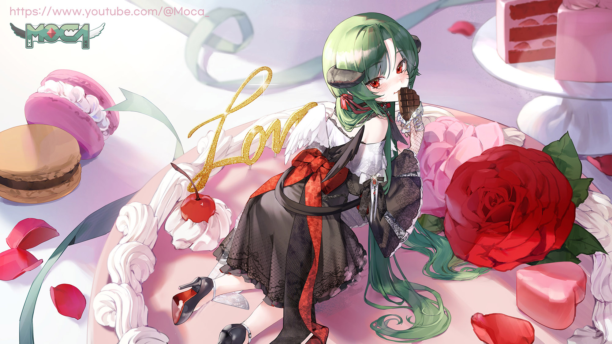kokko (kokko3045), indie virtual youtuber, highres, 1girl, asymmetrical wings, black dress, blush, bow, cake, candy, cherry, chocolate, chocolate bar, dress, eating, feet out of frame, flower, food, fruit, green hair, green ribbon, hair ribbon, high heels, long hair, looking at viewer, macaron, mochahyeong, off-shoulder dress, off shoulder, petals, red bow, red eyes, red flower, red ribbon, red rose, ribbon, rose, virtual youtuber, wings