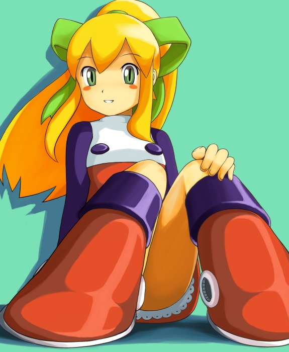 kagenjoujo, roll (mega man), capcom, mega man (classic), mega man (series), 1girl, blonde hair, blue eyes, boots, dress, female focus, green eyes, hair ribbon, knee boots, panties, pantyshot, ponytail, red skirt, ribbon, skirt, solo, underwear, upskirt, white panties