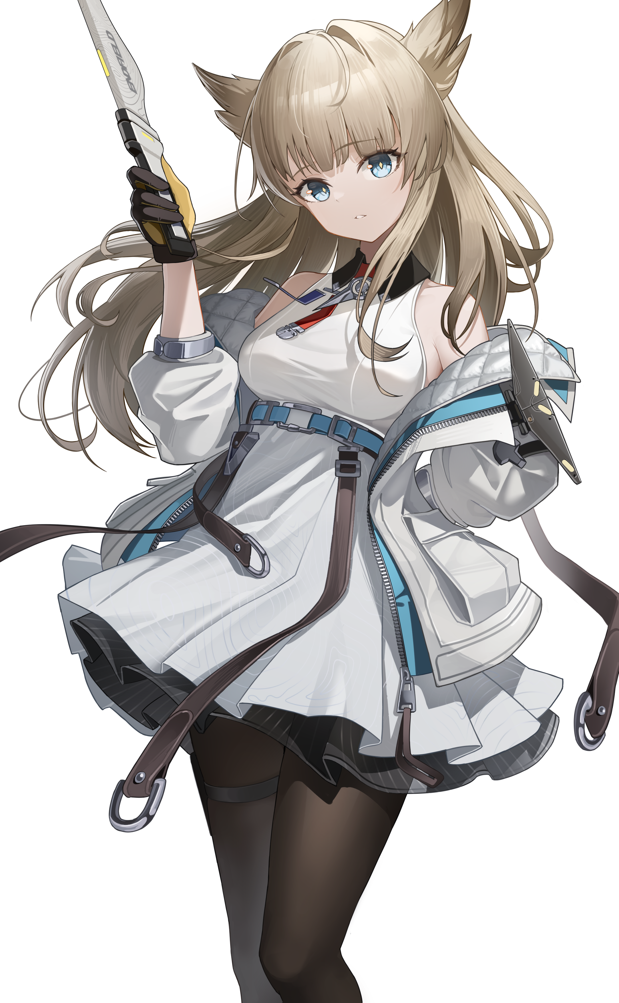 dowal, perlica (arknights), arknights, arknights: endfield, absurdres, chinese commentary, commentary, highres, 1girl, arm behind back, bare shoulders, black gloves, black pantyhose, blonde hair, blue eyes, bright pupils, collared dress, contrast collar, cowboy shot, dress, gloves, hand up, holding, jacket, long hair, looking at viewer, off shoulder, pantyhose, parted lips, simple background, sleeveless, sleeveless dress, solo, standing, thigh strap, white background, white dress, white jacket, white pupils, yellow gloves, zipper, zipper pull tab