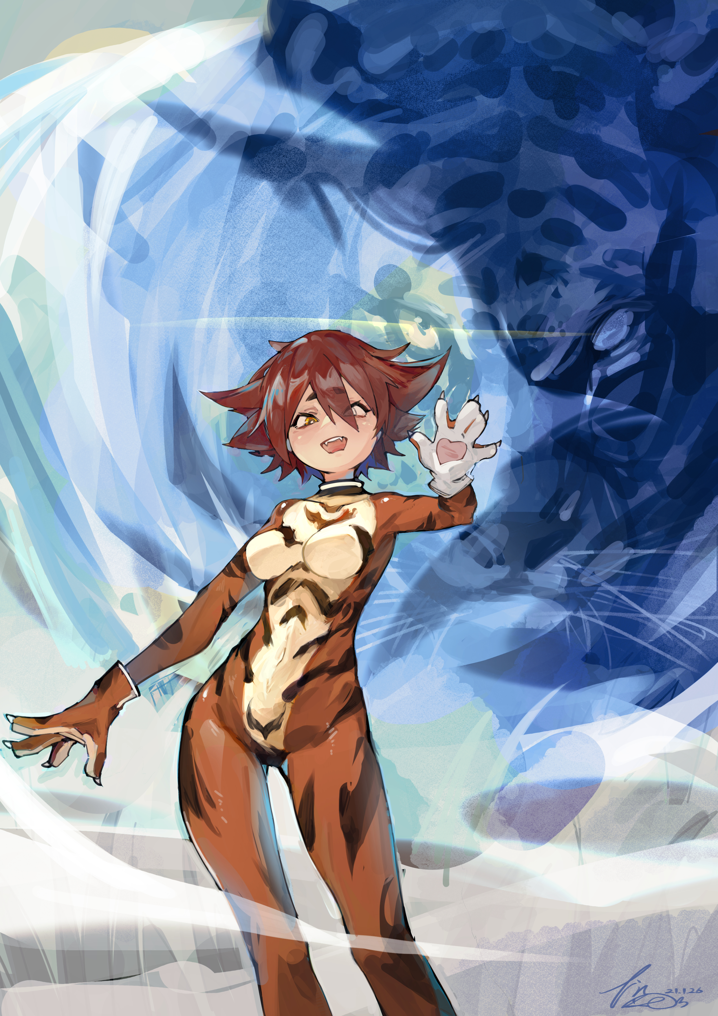 linween, original, absurdres, commentary, highres, 1girl, animal, animal hands, dated, open mouth, short hair, striped fur, tiger, tiger girl, tiger paws, tiger stripes