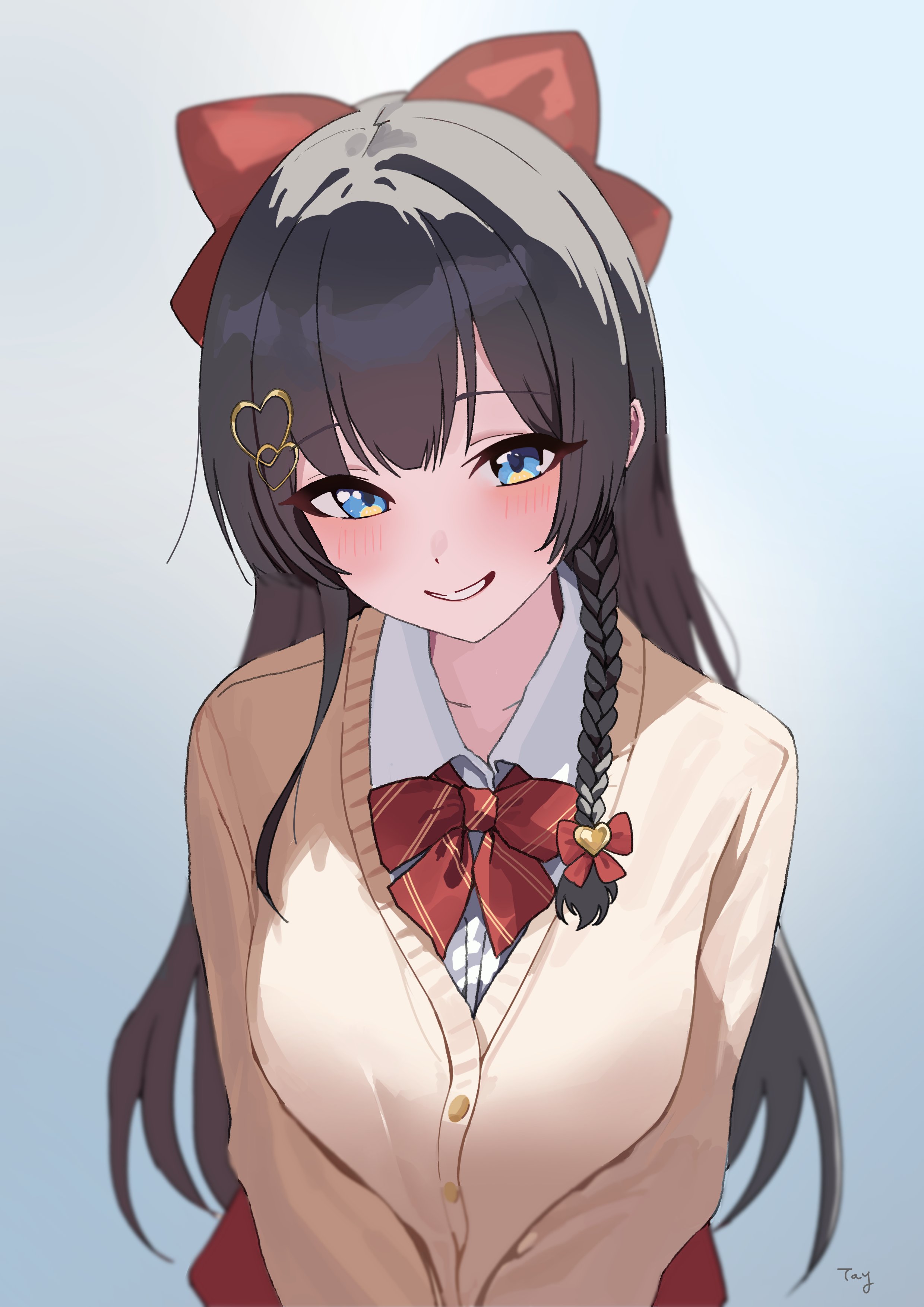 tay (cdjk7758), shirayuki hina, stellive, absurdres, hashtag-only commentary, highres, 1girl, arms at sides, artist name, black hair, blue eyes, blush, bow, bowtie, braid, cardigan, collared shirt, diagonal-striped bow, diagonal-striped bowtie, diagonal-striped clothes, gradient background, grey background, grin, hair bow, hair ornament, heart, heart hair ornament, long hair, long sleeves, looking at viewer, multicolored eyes, red bow, red bowtie, shirt, smile, solo, striped bow, striped bowtie, striped clothes, two-tone eyes, upper body, virtual youtuber, white shirt, wing collar, yellow cardigan