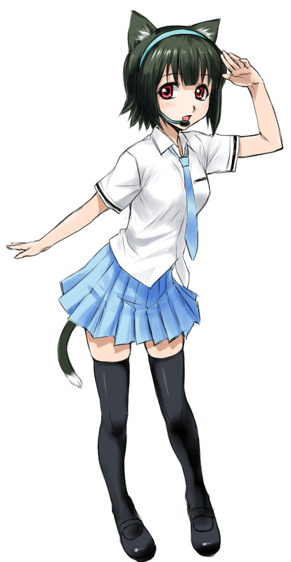 rona, otonashi kotori, idolmaster, idolmaster (classic), 00s, animal ears, black hair, cat ears, cat tail, headset, kemonomimi mode, legs, mary janes, necktie, red eyes, shoes, simple background, skirt, solo, tail, thighhighs
