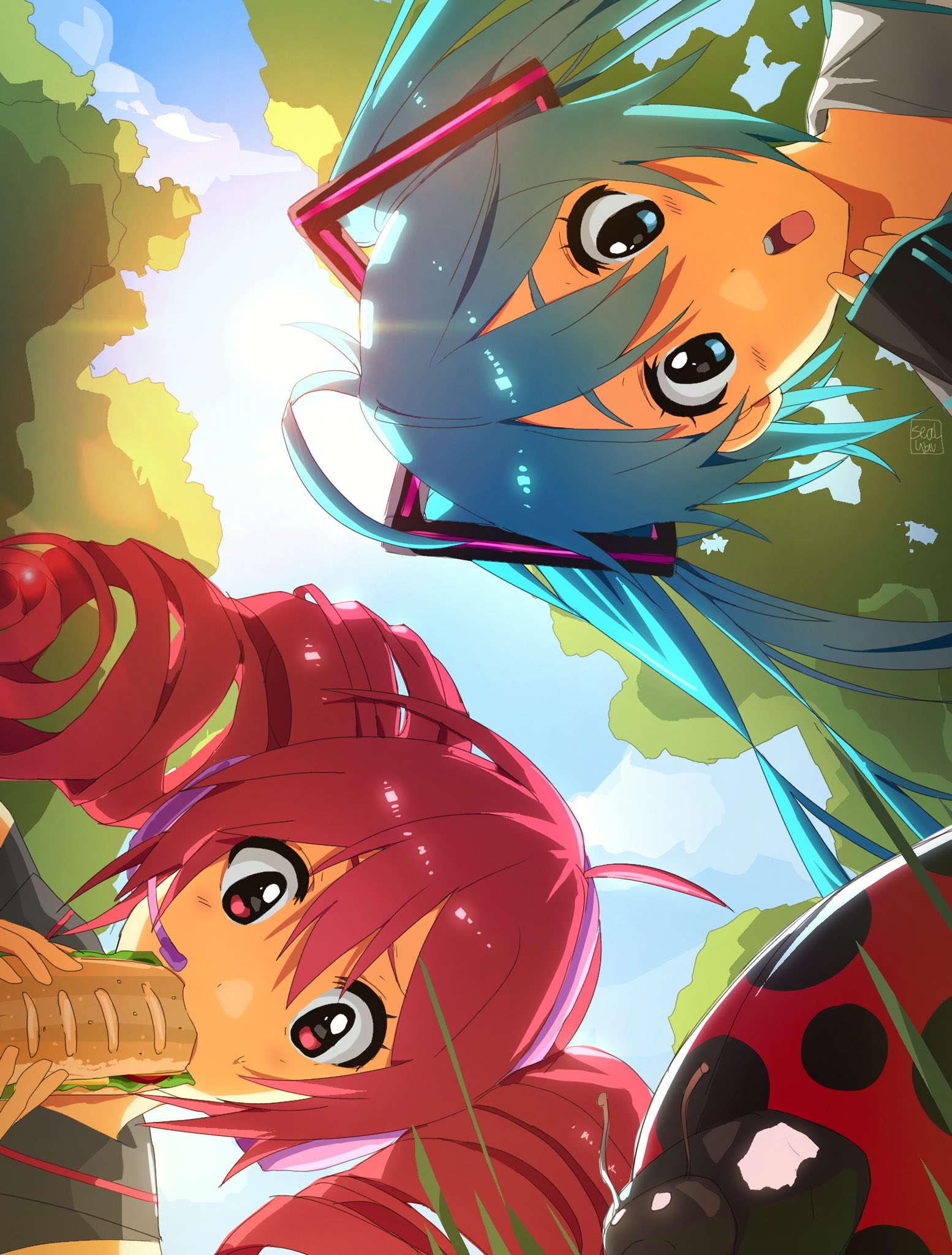 hatsune miku, kasane teto, utau, vocaloid, commentary, english commentary, highres, aqua eyes, aqua hair, bread, bug, drill hair, eating, food, insect, ladybug, looking down, red eyes, red hair, tree, twin drills, twintails, watermark