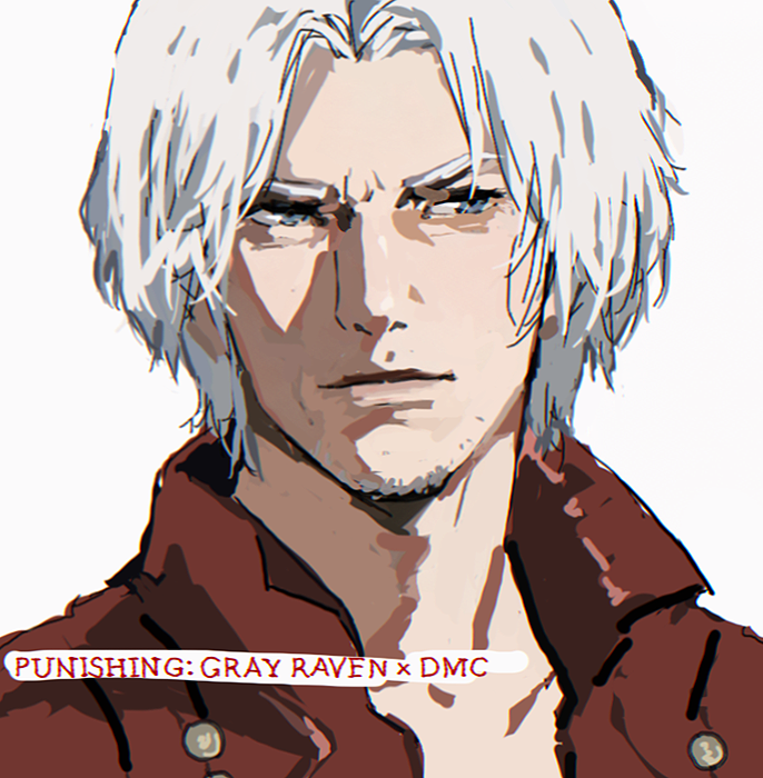 d.k, dante (devil may cry), devil may cry (series), punishing: gray raven, commentary, english commentary, 1boy, beard stubble, blue eyes, closed mouth, copyright name, facial hair, furrowed brow, grey hair, jacket, male focus, mature male, parted bangs, red jacket, short hair, sketch, solo, stubble, upper body, white background