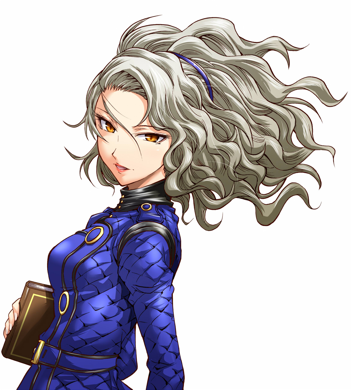 segami daisuke, margaret (persona), atlus, persona, persona 4, margaret, silver hair, highres, 1girl, book, eyelashes, female focus, from side, hair between eyes, hairband, lipstick, long hair, makeup, simple background, solo, wavy hair, white background, yellow eyes
