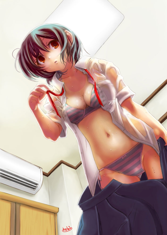 hebina masayoshi, original, bad id, bad pixiv id, 1girl, bra, breasts, cleavage, clothes pull, female focus, grey hair, large breasts, lingerie, navel, one-piece tan, open clothes, open shirt, panties, red eyes, see-through clothes, shirt, short hair, side-tie panties, signature, skirt, skirt pull, solo, striped bra, striped clothes, striped panties, sweat, tan, tanline, underwear, undressing, wet, wet clothes