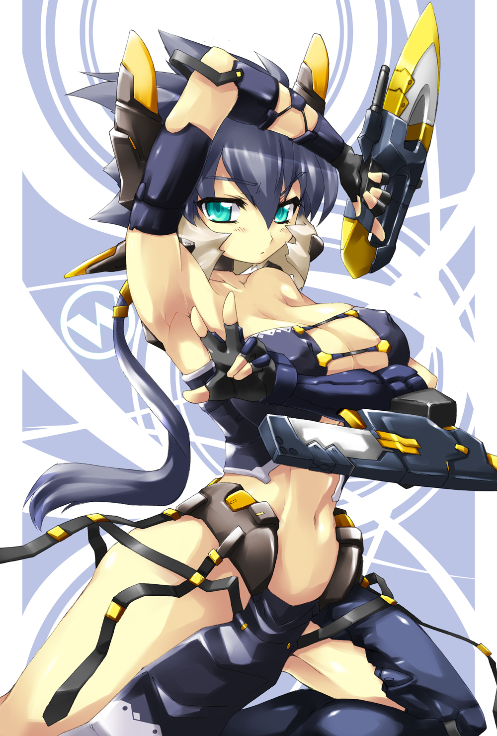 wazuka (pixiv), wazuka na shiawase, original, bad id, bad pixiv id, highres, 1girl, aqua eyes, armpits, blue hair, breasts, cleavage, female focus, fingerless gloves, gloves, huge breasts, loincloth, long hair, ponytail, solo, spiked hair, strap, v