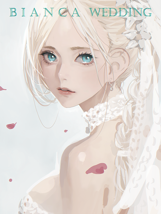 d.k, bianca (dq5), dragon quest, dragon quest v, commentary, commentary request, english commentary, 1girl, aqua eyes, blonde hair, breasts, bridal veil, character name, dress, earrings, falling petals, grey background, jewelry, looking at viewer, medium breasts, parted lips, petals, solo, updo, upper body, veil, wedding dress, white dress