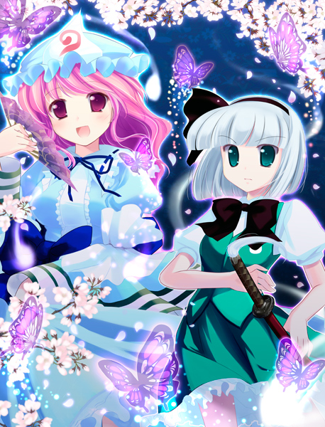 natsukawa sarasa, konpaku youmu, saigyouji yuyuko, touhou, bad id, bad pixiv id, 2girls, aqua eyes, blunt bangs, bob cut, bow, bowtie, bug, butterfly, cherry blossoms, female focus, fighting stance, folding fan, hand fan, hat, insect, katana, multiple girls, open mouth, pink hair, ready to draw, red eyes, ribbon, short hair, smile, sword, weapon, white hair