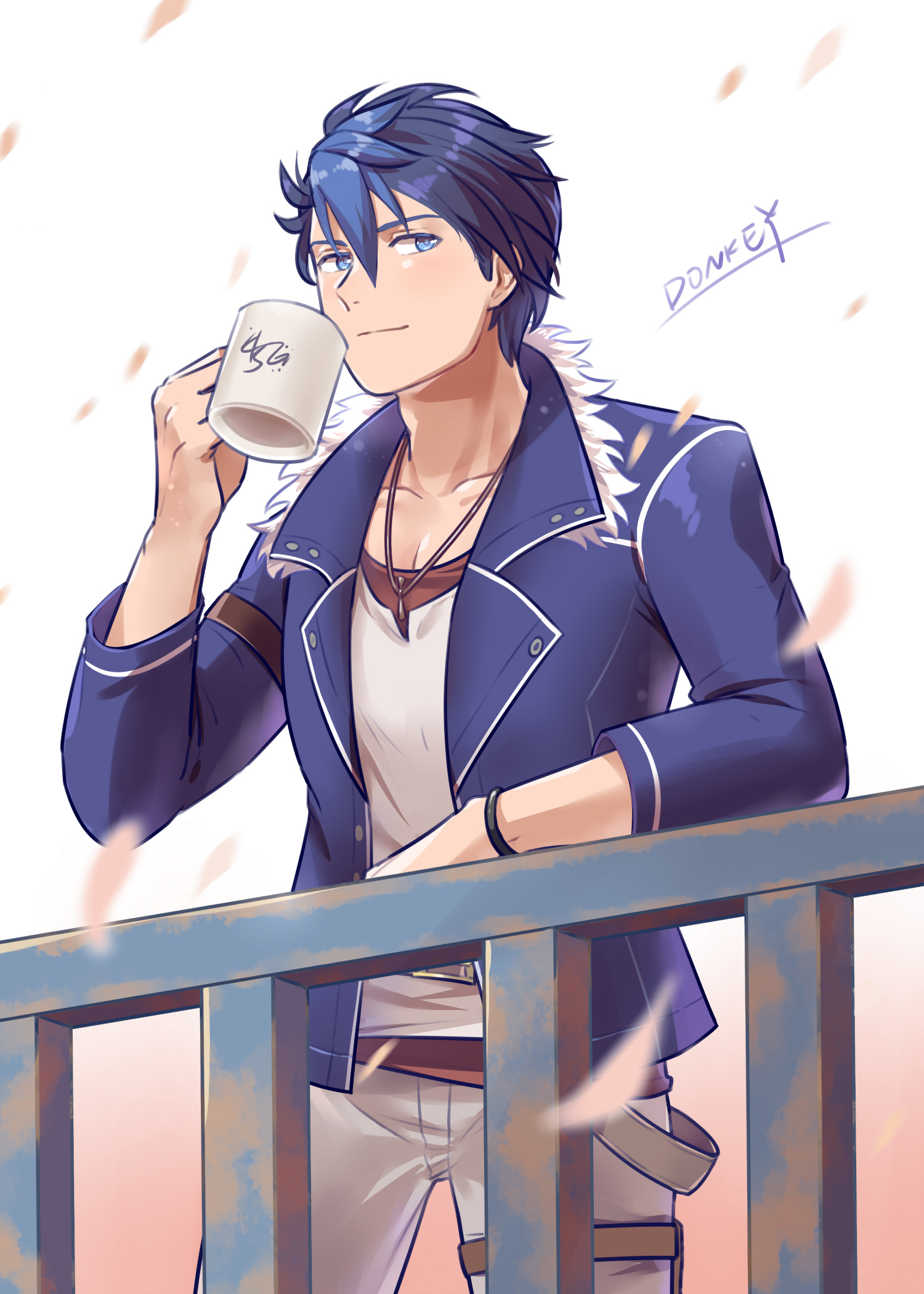 van arkride, eiyuu densetsu, kai no kiseki, kuro no kiseki (series), kuro no kiseki i, commentary request, highres, 1boy, aradonkey, artist name, blue coat, blue hair, coat, coffee mug, collared shrug, cup, dog tags, hair slicked back, light smile, looking at viewer, mug, multicolored hair, pants, shrug (clothing), simple background, taut clothes, taut pants, two-tone hair