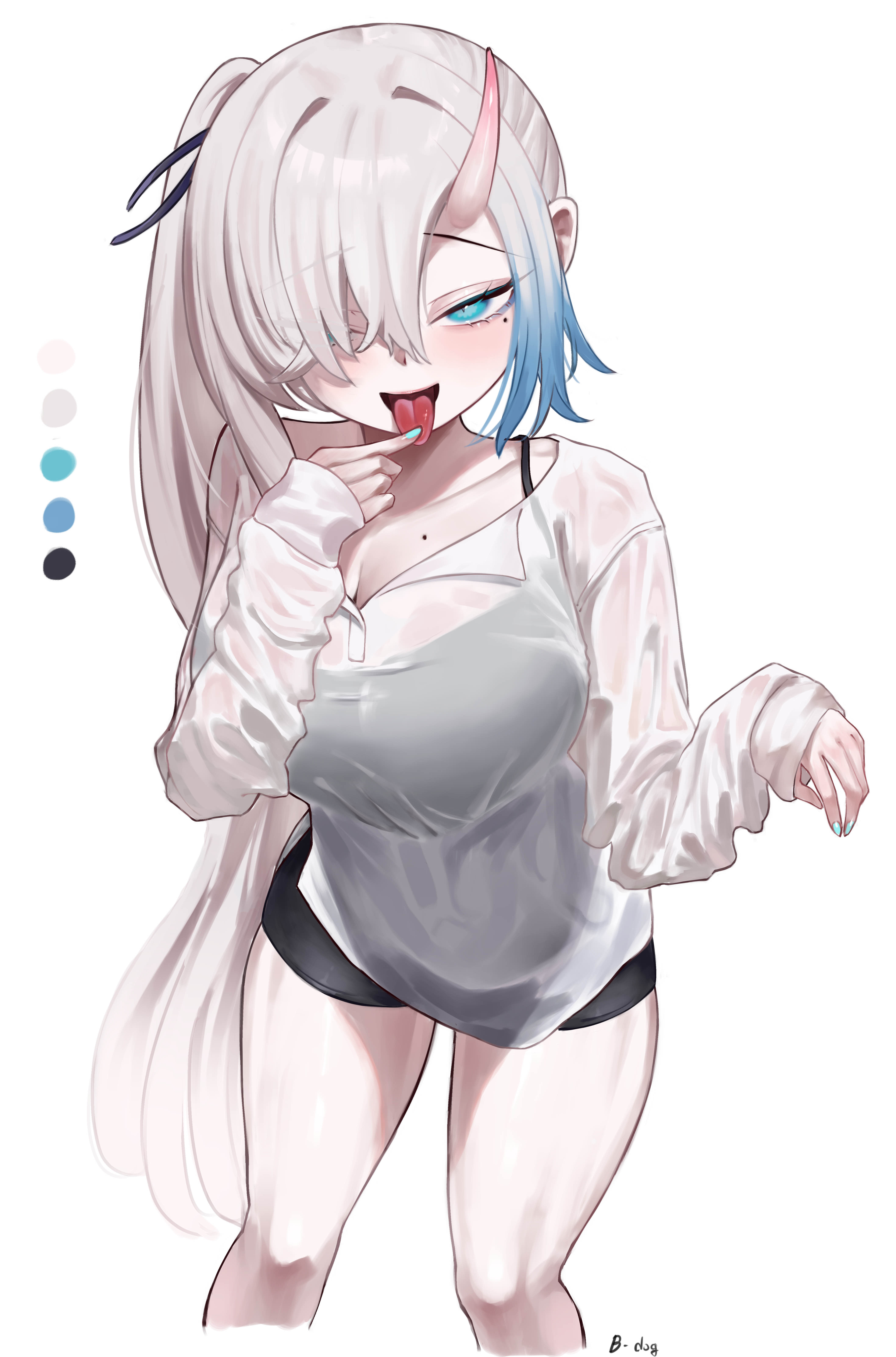 lechiennoir, original, absurdres, commentary request, highres, 1girl, aqua nails, artist name, blue hair, blue streaks, breasts, cleavage, collarbone, cropped legs, finger to tongue, half-closed eyes, hand up, horns, large breasts, long hair, long sleeves, looking at viewer, mole, mole on chest, mole under eye, multicolored hair, nail polish, open mouth, see-through clothes, see-through shirt, shirt, simple background, solo, thighs, tongue, tongue out, two-tone hair, wet, wet clothes, wet shirt, white background, white hair, white shirt