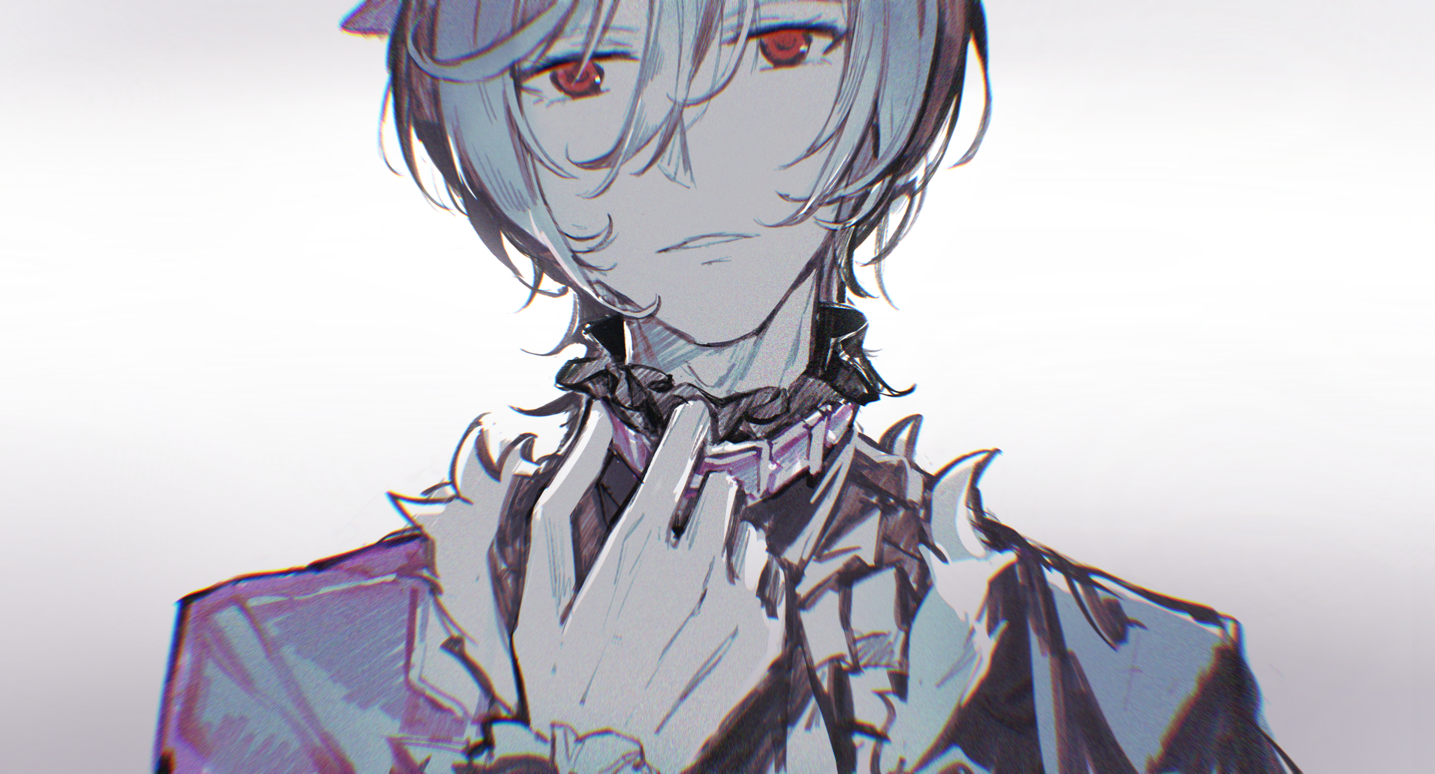 ryuh (asahina neru), arcaea, commentary request, highres, 1boy, fur-trimmed jacket, fur trim, gloves, grey background, hair between eyes, jacket, limited palette, looking at viewer, male focus, parted lips, portrait, purple jacket, red eyes, short hair, simple background, solo, tenniel (arcaea), white gloves