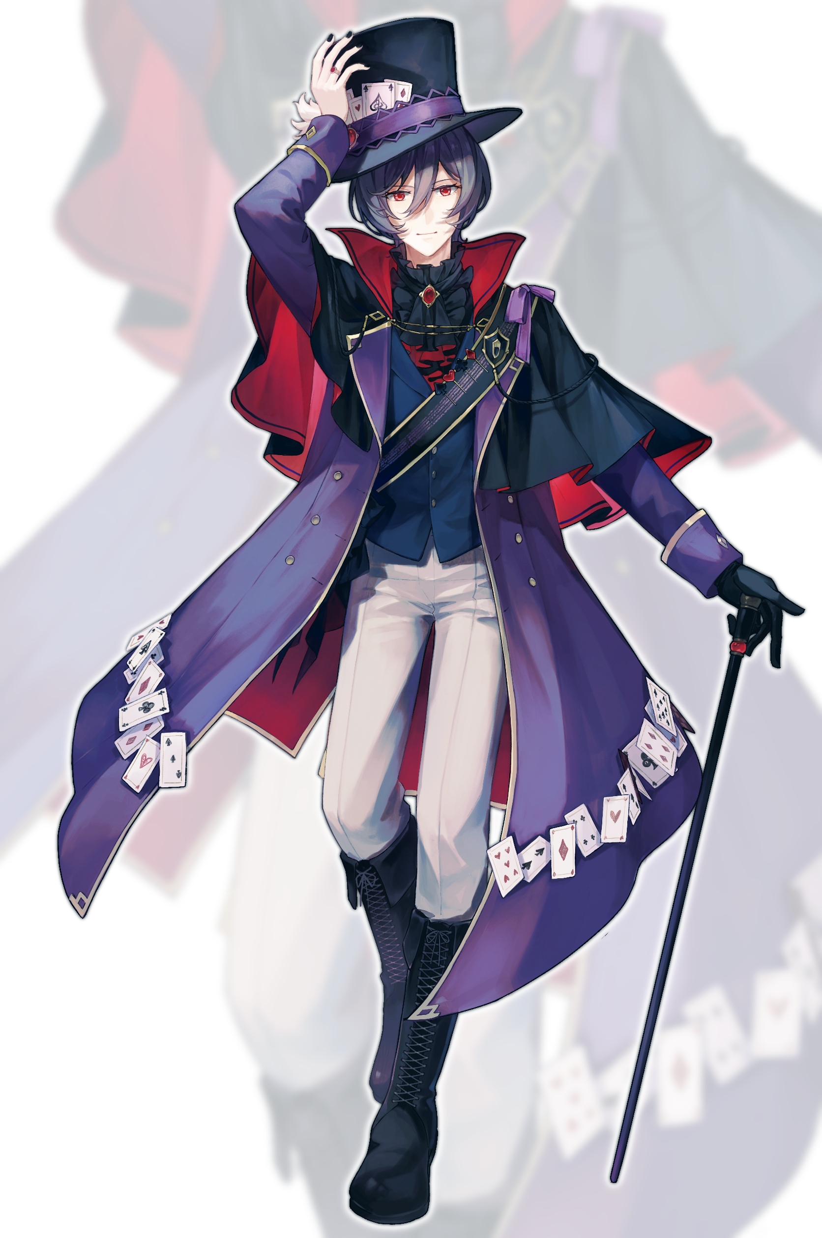 ryuh (asahina neru), arcaea, absurdres, commentary request, highres, 1boy, arm up, ascot, black ascot, black boots, black capelet, black hat, black nails, black vest, boots, cane, capelet, card, closed mouth, coat, full body, hair between eyes, hat, hat ribbon, holding, holding cane, jewelry, knee boots, lace-up boots, light smile, long sleeves, looking at viewer, male focus, nail polish, open clothes, open coat, pants, playing card, purple coat, purple ribbon, red eyes, ribbon, ring, short hair, solo, standing, tenniel (arcaea), top hat, vest, waistcoat, white pants, zoom layer