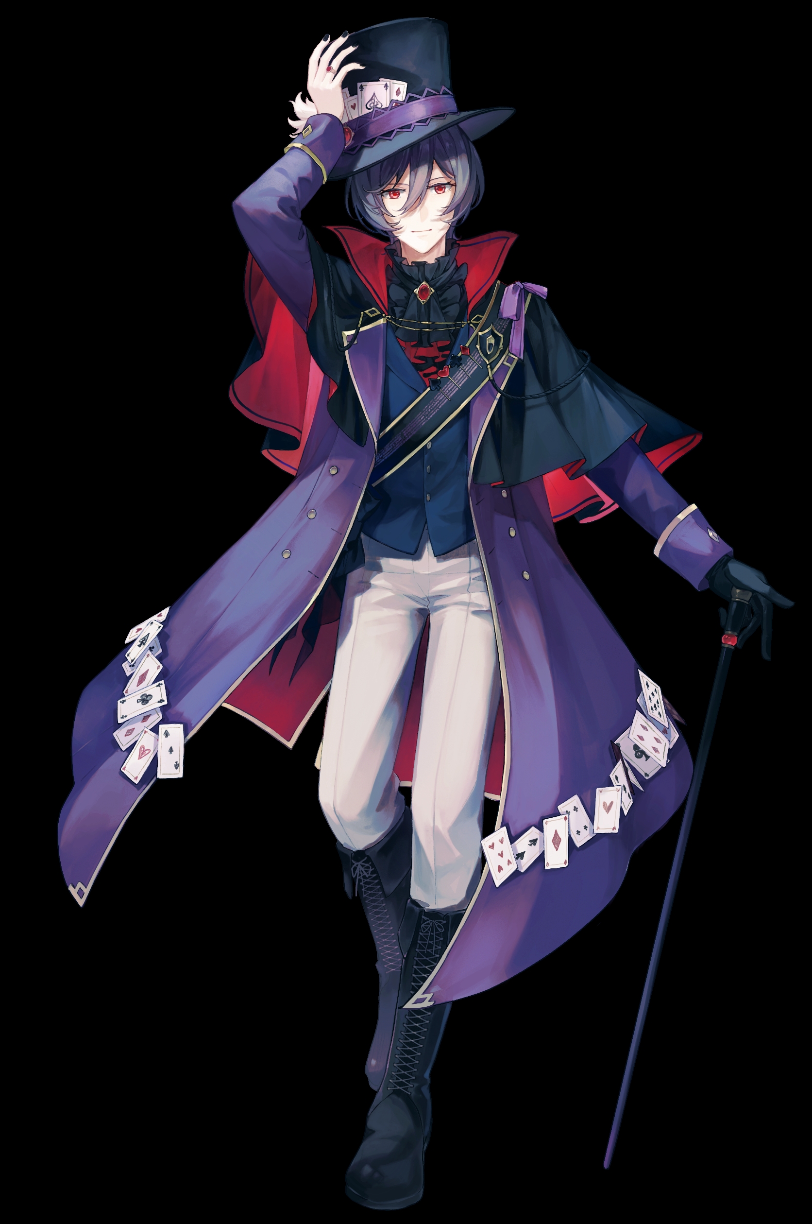 ryuh (asahina neru), arcaea, absurdres, commentary request, highres, 1boy, arm up, ascot, black ascot, black background, black boots, black capelet, black hat, black nails, black vest, boots, cane, capelet, card, closed mouth, coat, full body, hair between eyes, hat, hat ribbon, holding, holding cane, jewelry, knee boots, lace-up boots, light smile, long sleeves, looking at viewer, male focus, nail polish, open clothes, open coat, pants, playing card, purple coat, purple ribbon, red eyes, ribbon, ring, short hair, simple background, solo, standing, tenniel (arcaea), top hat, vest, waistcoat, white pants