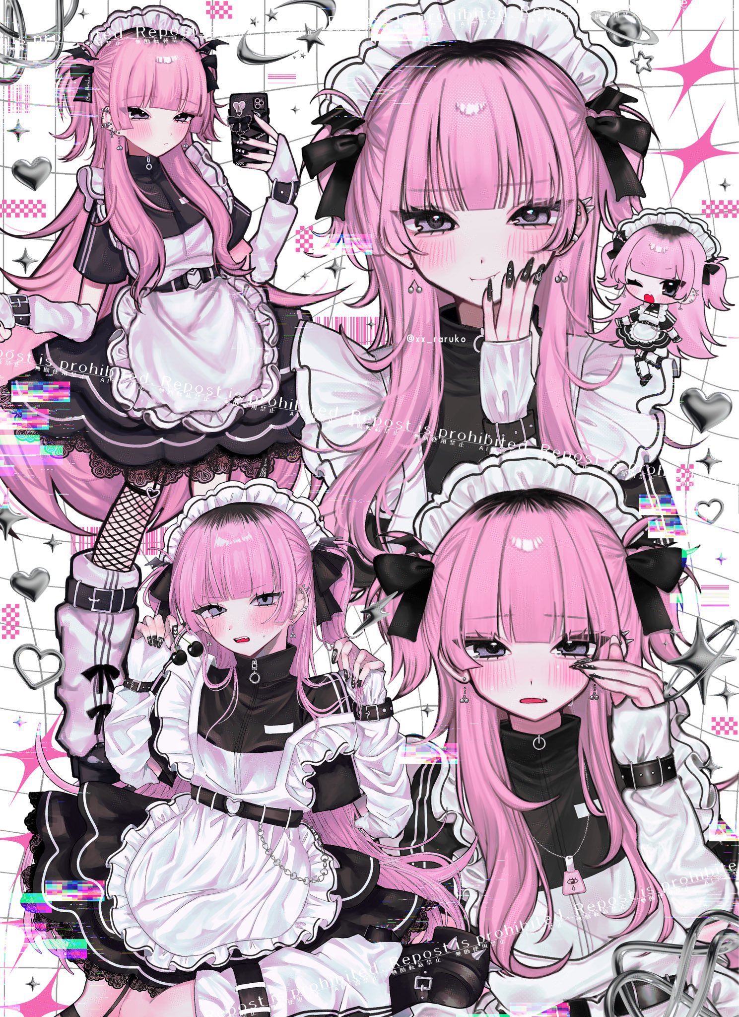 xx raruko, original, highres, 1girl, apron, arm warmers, belt, black belt, black bow, black nails, black shirt, black skirt, blunt bangs, blush, bow, cellphone, closed mouth, earrings, fishnets, hair bow, high collar, holding, holding phone, jersey maid, jewelry, leg warmers, long hair, maid, maid apron, maid headdress, multicolored hair, multicolored nails, multiple views, open mouth, phone, pink hair, roots (hair), shirt, short sleeves, skirt, two side up, unconventional maid, white arm warmers, white leg warmers