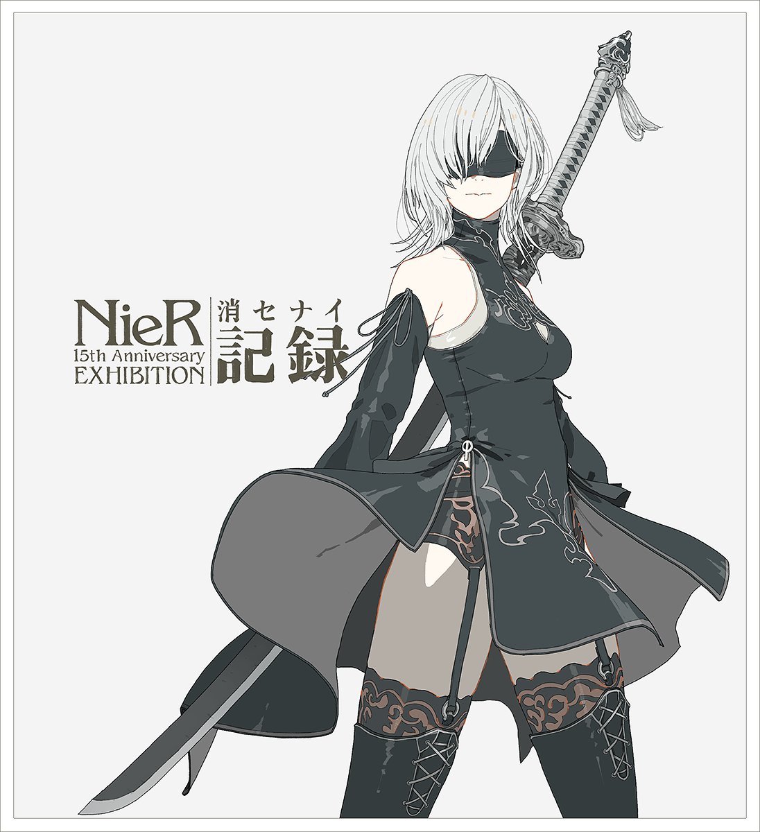 d.k, 10h (nier reincarnation), nier (series), nier reincarnation, commentary request, highres, 1girl, black dress, black sleeves, black thighhighs, black visor, blindfold, breasts, closed mouth, copyright name, cowboy shot, detached sleeves, dress, garter belt, garter straps, grey background, grey hair, hair over one eye, medium breasts, medium hair, pelvic curtain, sleeveless, sleeveless dress, solo, sword, sword on back, thighhighs, weapon, weapon on back