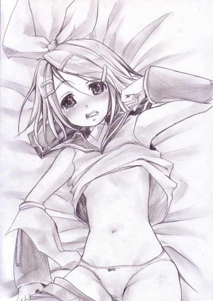 aikura (twilight dusk), kagamine rin, vocaloid, bad id, bad pixiv id, graphite (medium), traditional media, 1girl, armpits, blush, female focus, flat chest, hair ornament, hair ribbon, hairclip, lying, monochrome, on back, panties, ribbon, short hair, sketch, solo, tears, underwear