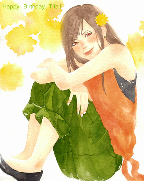 tifa lockhart, final fantasy, final fantasy vii, traditional media, 1990s (style), 1girl, birthday, brown hair, female focus, flower, long hair, looking at viewer, red eyes, sitting, smile, solo