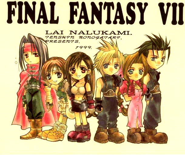 tenshin monogatari, aerith gainsborough, cloud strife, tifa lockhart, vincent valentine, yuffie kisaragi, zack fair, final fantasy, final fantasy vii, square enix, 1990s (style), 3boys, 3girls, armor, black hair, blonde hair, blue eyes, boots, bow, cape, couple, dress, fingerless gloves, gloves, headband, long hair, multiple boys, multiple girls, red eyes, retro artstyle, standing, suspenders, turtleneck
