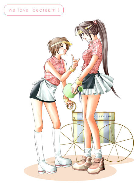 rendezvous, tifa lockhart, yuffie kisaragi, final fantasy, final fantasy vii, visor, 1990s (style), 2girls, apron, boots, cart, english text, female focus, food, full body, ice cream, index finger raised, long hair, multiple girls, retro artstyle, short hair, skirt, smile, standing, vendor, wristband