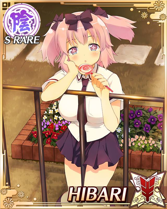 hibari (senran kagura), senran kagura, senran kagura new wave, game cg, official art, third-party source, + +, 1girl, against railing, blue eyes, blue necktie, blue skirt, border, bow, breasts, candy, card (medium), character name, collared shirt, flower-shaped pupils, flower bed, food, grass, hair bow, hand on own face, hanzou academy school uniform, holding, holding candy, holding food, holding lollipop, large breasts, licking, licking food, lollipop, looking at viewer, necktie, pink hair, pink pupils, pleated skirt, railing, school uniform, shirt, short twintails, skirt, solo, sunset, swirl lollipop, symbol-shaped pupils, tongue, tongue out, twintails, white shirt