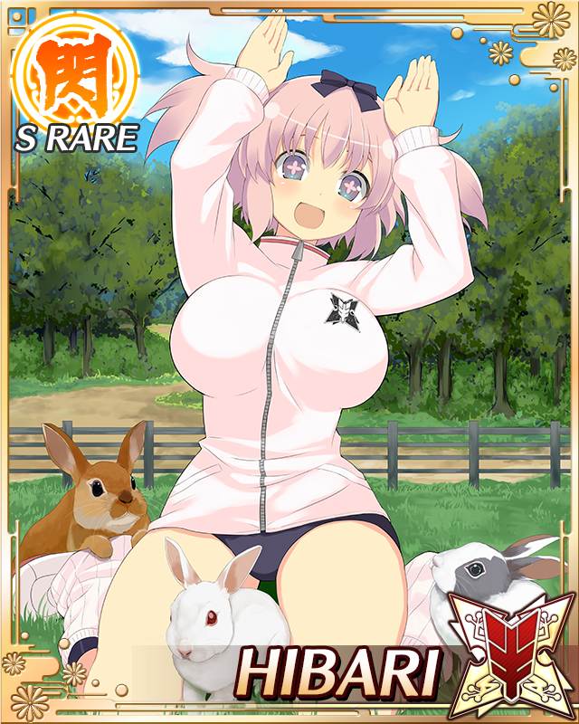 hibari (senran kagura), senran kagura, senran kagura new wave, game cg, official art, third-party source, + +, 1girl, :d, arms up, black buruma, black ribbon, blue eyes, border, bow, breasts, buruma, card (medium), character name, day, flower-shaped pupils, hair bow, jacket, kneeling, large breasts, leg warmers, on grass, open mouth, pink hair, pink jacket, pink pupils, rabbit, rabbit pose, ribbon, short twintails, smile, solo, symbol-shaped pupils, track jacket, twintails