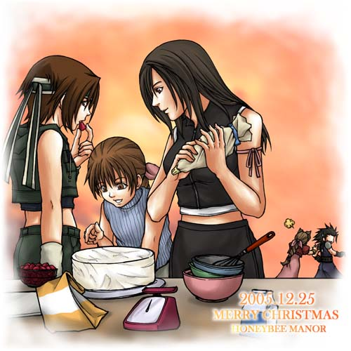 aerith gainsborough, marlene wallace, tifa lockhart, yuffie kisaragi, zack fair, final fantasy, final fantasy vii, final fantasy vii: advent children, square enix, lowres, 2000s (style), cake, food, honeybee manor