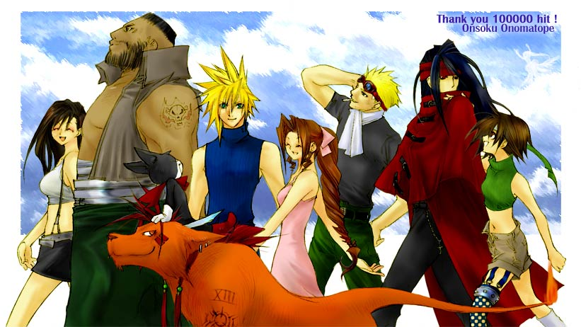 aerith gainsborough, barret wallace, cait sith (final fantasy), cid highwind, cloud strife, red xiii, tifa lockhart, vincent valentine, yuffie kisaragi, final fantasy, final fantasy vii, 1990s (style), onsoku onomatope joe, retro artstyle