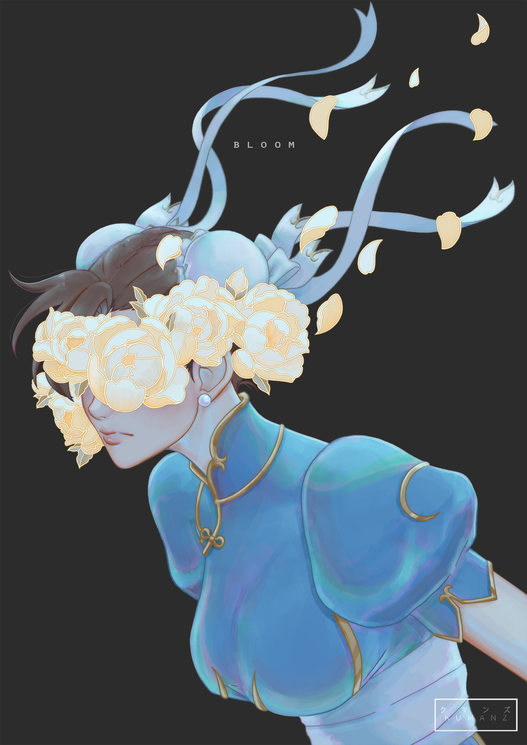 kumanz, chun-li, capcom, street fighter, absurdres, commentary request, highres, 1girl, artist name, black background, breasts, brown hair, bun cover, covered eyes, double bun, earrings, flower, hair bun, jewelry, medium breasts, pearl earrings, petals, puffy short sleeves, puffy sleeves, ribbon, short sleeves, simple background, solo, upper body, white flower, white ribbon