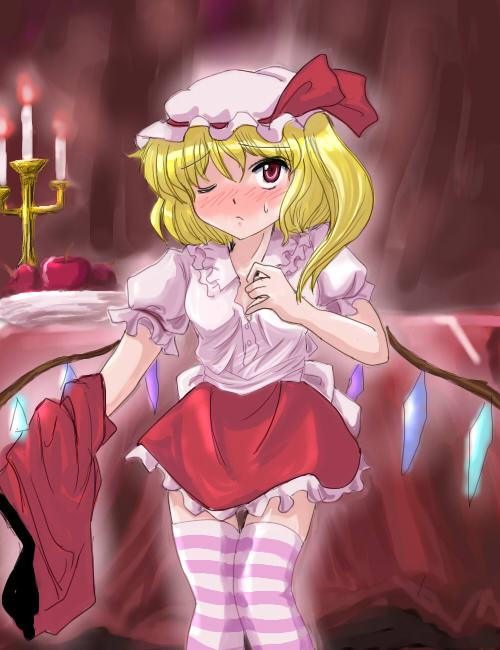 flx, flandre scarlet, touhou, 1girl, blonde hair, blush, candle, candlestand, collared shirt, female focus, hat, mob cap, one eye closed, one side up, ponytail, red eyes, shirt, side ponytail, solo, striped clothes, striped thighhighs, thighhighs, undressing, vampire, white hat, wings, wink