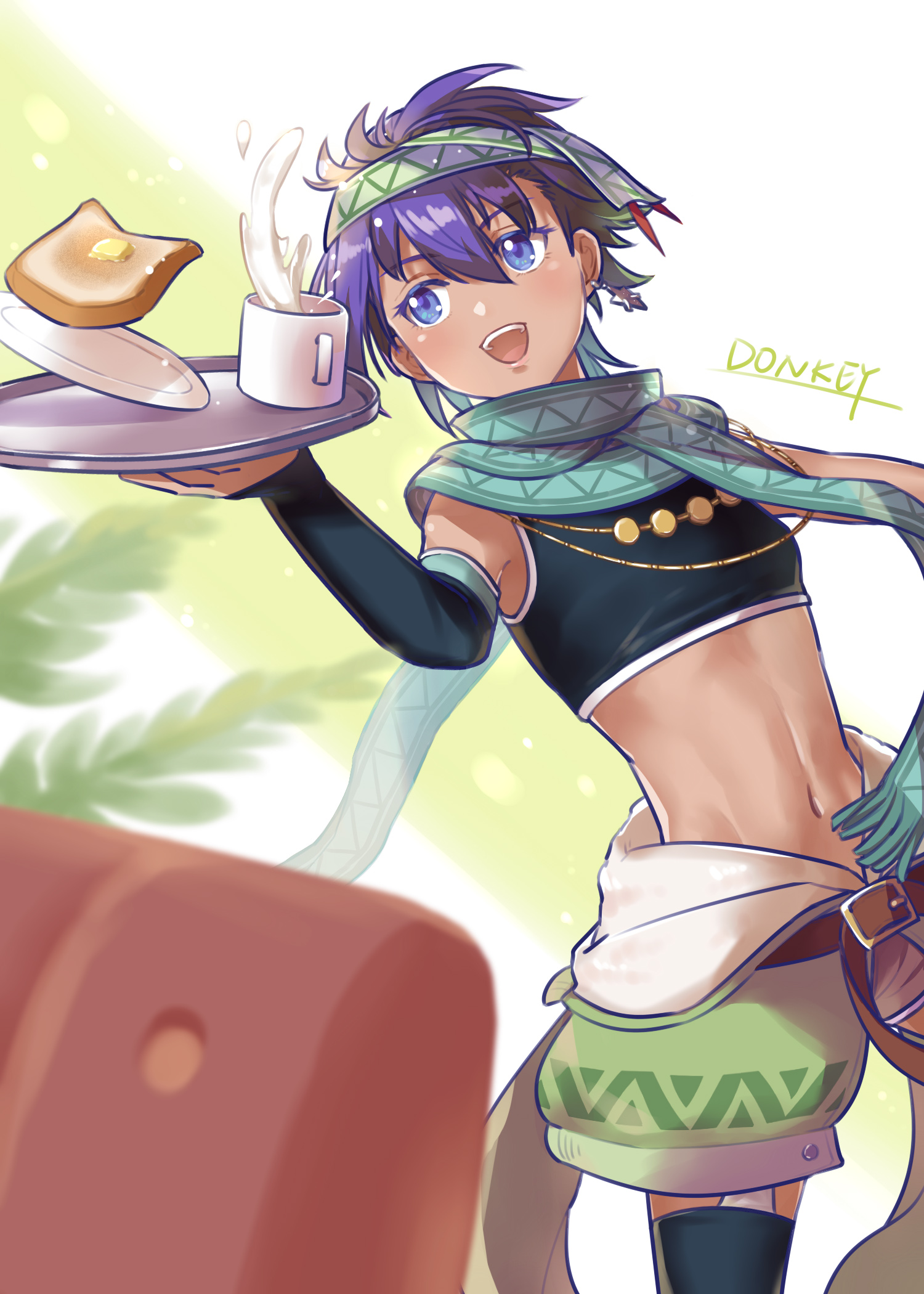 feri al-fayed, eiyuu densetsu, kai no kiseki, kuro no kiseki (series), commentary request, highres, 1girl, aradonkey, artist name, black sleeves, blue eyes, breakfast, breasts, crop top, floating scarf, green headband, headband, kneehighs, open mouth, purple hair, scarf, short hair, simple background, small breasts, socks, yellow headband