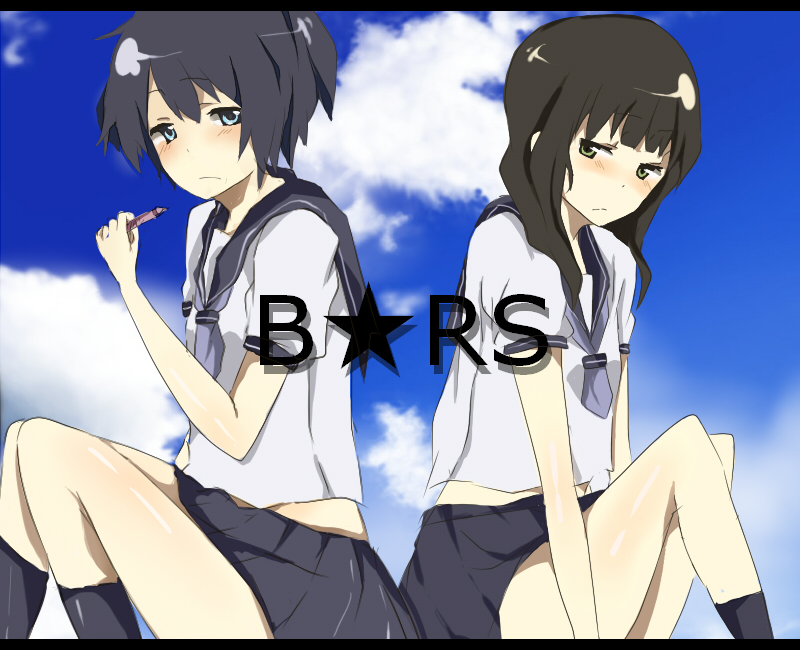 mono (recall), black rock shooter (character), dead master, kuroi mato, takanashi yomi, black rock shooter, bad id, bad pixiv id, 10s, 2girls, back-to-back, black hair, blue eyes, green eyes, long hair, multiple girls, school uniform, serafuku