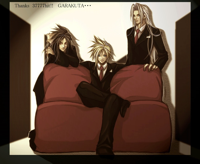 garakuta (chika), cloud strife, sephiroth, vincent valentine, final fantasy, final fantasy vii, silver hair, 1990s (style), 3boys, black hair, black suit, blonde hair, blue eyes, formal clothes, multiple boys, necktie, red eyes, retro artstyle, suit