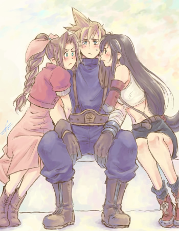 aerith gainsborough, cloud strife, tifa lockhart, final fantasy, final fantasy vii, lowres, 1990s (style), 1boy, 2girls, girl sandwich, multiple girls, sandwiched, sitting