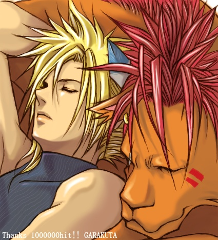 garakuta (chika), cloud strife, red xiii, final fantasy, final fantasy vii, lowres, 1990s (style), retro artstyle, sleeping