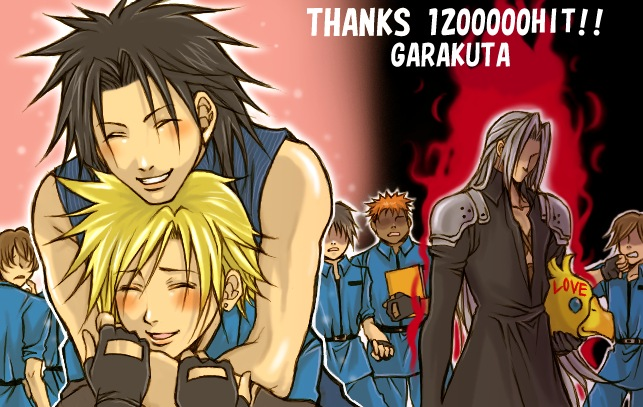 chocobo, cloud strife, sephiroth, zack fair, final fantasy, final fantasy vii, silver hair, tagme, 1990s (style), 3boys, black hair, blonde hair, crowd, earrings, fingerless gloves, fire, friends, gloves, jewelry, long hair, male focus, multiple boys, retro artstyle, smile, standing