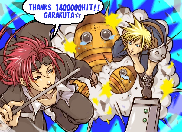 garakuta (chika), cloud strife, reno (ff7), final fantasy, final fantasy vii, tagme, 1990s (style), fighting, retro artstyle, turks (ff7)