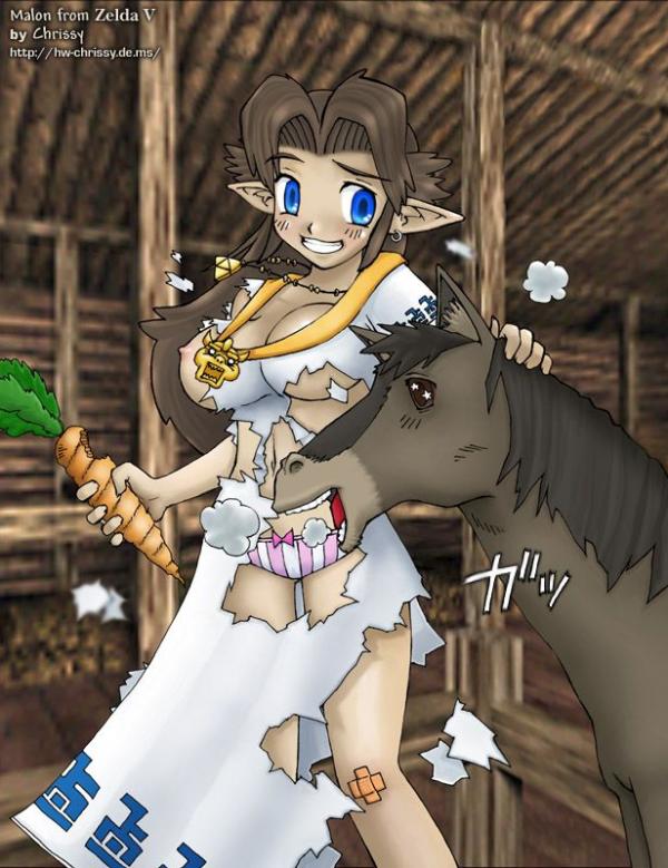 malon, nintendo, the legend of zelda, the legend of zelda: ocarina of time, blue eyes, brown hair, horse, long hair, nipples, torn clothes
