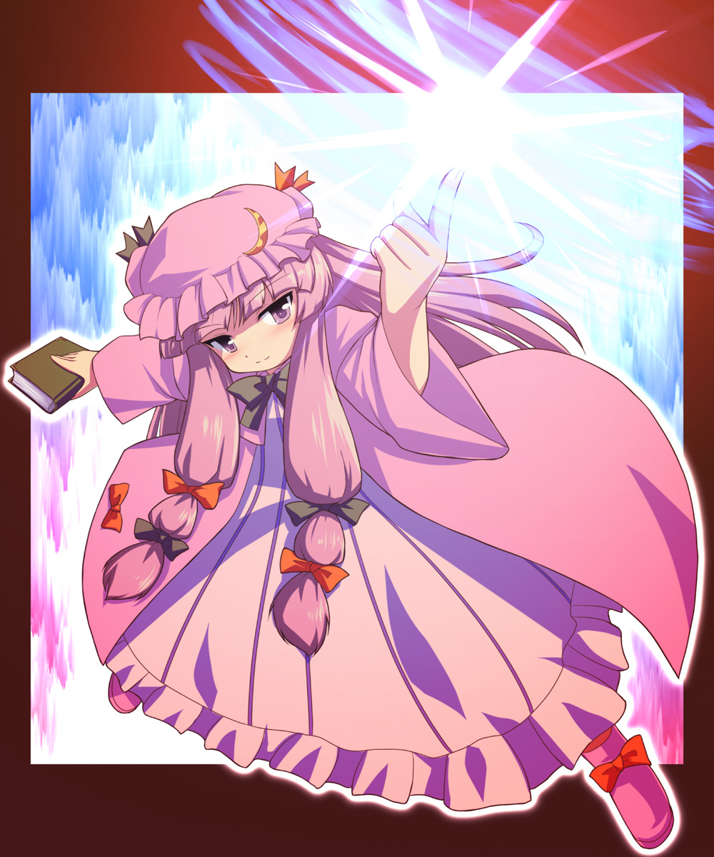 tdk, patchouli knowledge, touhou, highres, 1girl, book, female focus, full body, hat, long hair, purple eyes, purple hair, solo