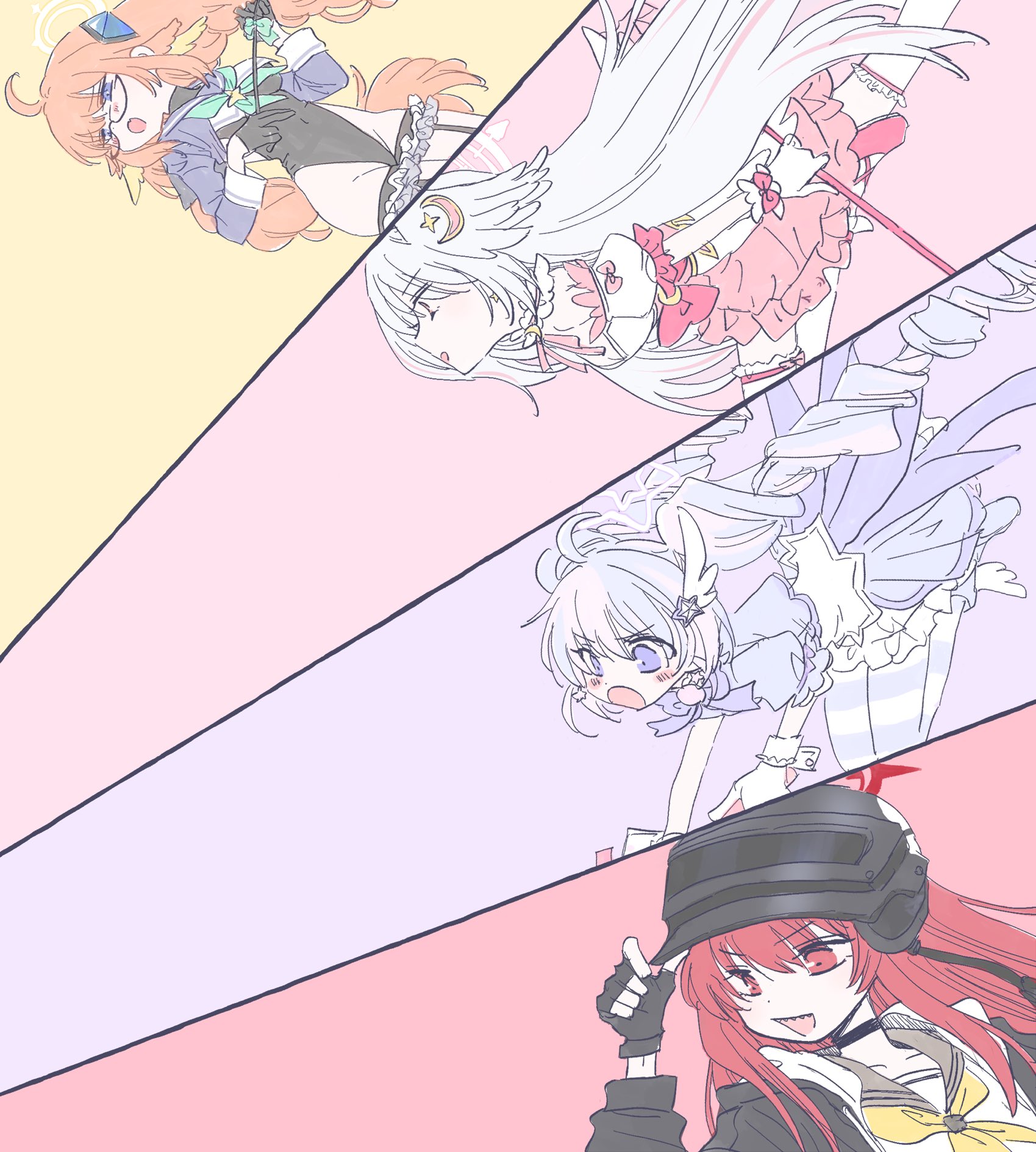 takahisayuki, rabu (blue archive), reisa (blue archive), reisa (magical) (blue archive), shimiko (blue archive), shimiko (magical) (blue archive), suzumi (blue archive), blue archive, highres, 4girls, :d, ^ ^, adjusting clothes, adjusting headwear, ahoge, alternate costume, aqua bow, aqua neckerchief, arm up, bare shoulders, black-framed eyewear, black background, black choker, black gloves, black jacket, black leotard, blue eyes, blue hair, blue sailor collar, blue shrug, blue trim, blunt bangs, blush, bow, bowtie, braid, breasts, choker, closed eyes, color-coded, combat helmet, cosplay, cowboy shot, curly hair, detached sleeves, diamond hair ornament, dress, drill hair, earrings, evil smile, feather hair, fingerless gloves, floating clothes, frilled thigh strap, full body, garter straps, glasses, gloves, grey sailor collar, groin, hair between eyes, hair intakes, hair ornament, half gloves, halo, hand up, helmet, highleg, highleg leotard, holding, holding staff, jacket, jewelry, large breasts, leotard, logo, long coat, long hair, long sleeves, looking ahead, low twin braids, magical girl, multicolored hair, multicolored thighhighs, multiple girls, neckerchief, official alternate costume, official alternate hairstyle, open mouth, orange hair, pantyhose, pink bow, pink hair, pink halo, puffy short sleeves, puffy sleeves, purple bow, purple bowtie, purple hair, purple pantyhose, purple ribbon, purple shoes, red eyes, red hair, red halo, ribbon, sailor collar, semi-rimless eyewear, sharp teeth, shoes, short sleeves, shrug (clothing), sideless leotard, sidelocks, simple background, smile, soles, solo, staff, star (symbol), star earrings, star hair ornament, star halo, strapless, strapless dress, streaked hair, striped clothes, striped pantyhose, super highleg, sweat, teeth, thigh strap, thighhighs, thighs, twin braids, twintails, two-tone hair, under-rim eyewear, v-, very long hair, wavy mouth, white background, white dress, white gloves, white hair, white thighhighs, white trim, yellow neckerchief