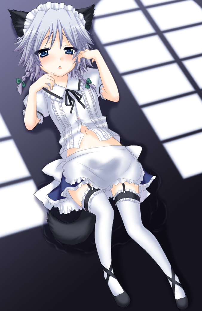 saki chisuzu, inu sakuya (nejikirio), izayoi sakuya, touhou, silver hair, 1girl, animal ears, apron, blue eyes, blush, braid, dog ears, dog tail, female focus, full body, indoors, kemonomimi mode, lying, maid, maid apron, midriff, short hair, skirt, solo, tail, thighhighs, twin braids