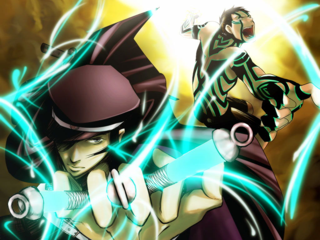 demi-fiend, kuzunoha raidou, atlus, devil summoner (series), shin megami tensei, shin megami tensei iii: nocturne, bad id, bad pixiv id, 2boys, black hair, brown hair, electricity, fingerless gloves, gloves, looking at viewer, multiple boys, shaded face, swept bangs, upper body