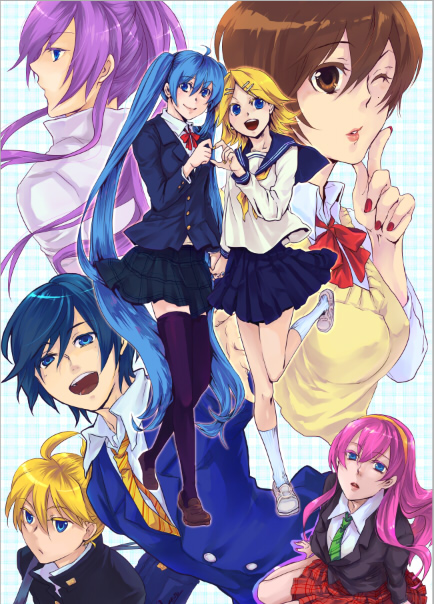 akaya (rednight dd), hatsune miku, kagamine len, kagamine rin, kaito (vocaloid), kamui gakupo, megurine luka, meiko (vocaloid), vocaloid, 3boys, 4girls, ahoge, blonde hair, blue eyes, blue hair, brown eyes, brown hair, hair ornament, hairband, hairclip, holding hands, legs, long hair, multiple boys, multiple girls, necktie, one eye closed, pink hair, ponytail, purple hair, school uniform, serafuku, short hair, skirt, smile, socks, thighhighs, twintails, very long hair, wink