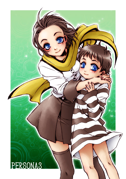 kida sukizou, lilysick, mochizuki ryouji, pharos, atlus, persona, persona 3, gender request, 1boy, 1girl, black hair, blue eyes, dress, genderswap, mole, mole under eye, scarf, short hair, skirt, thighhighs