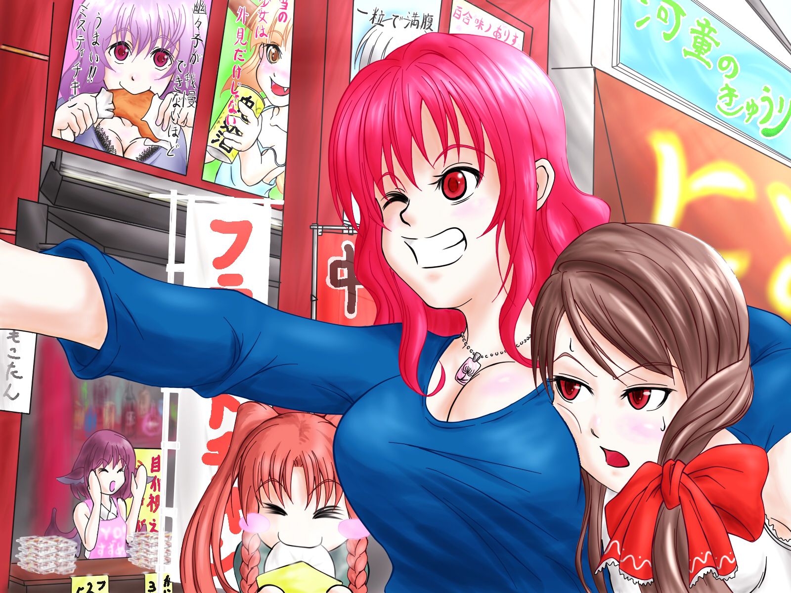 reimaco, hakurei reimu, hong meiling, ibuki suika, mystia lorelei, onozuka komachi, saigyouji yuyuko, touhou, bad id, bad pixiv id, highres, 4girls, braid, breasts, brown hair, cleavage, contemporary, female focus, large breasts, multiple girls, outdoors, red eyes, red hair, twin braids, twintails, two side up, upper body